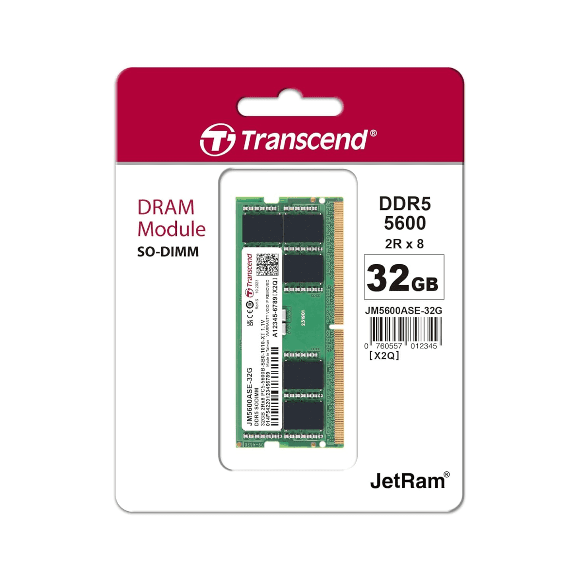 Transcend DDR5-5600 Unbuffered SO-DIMM Laptop RAM, CL46, ECC | JM5600ASE-32G thumbnail 1