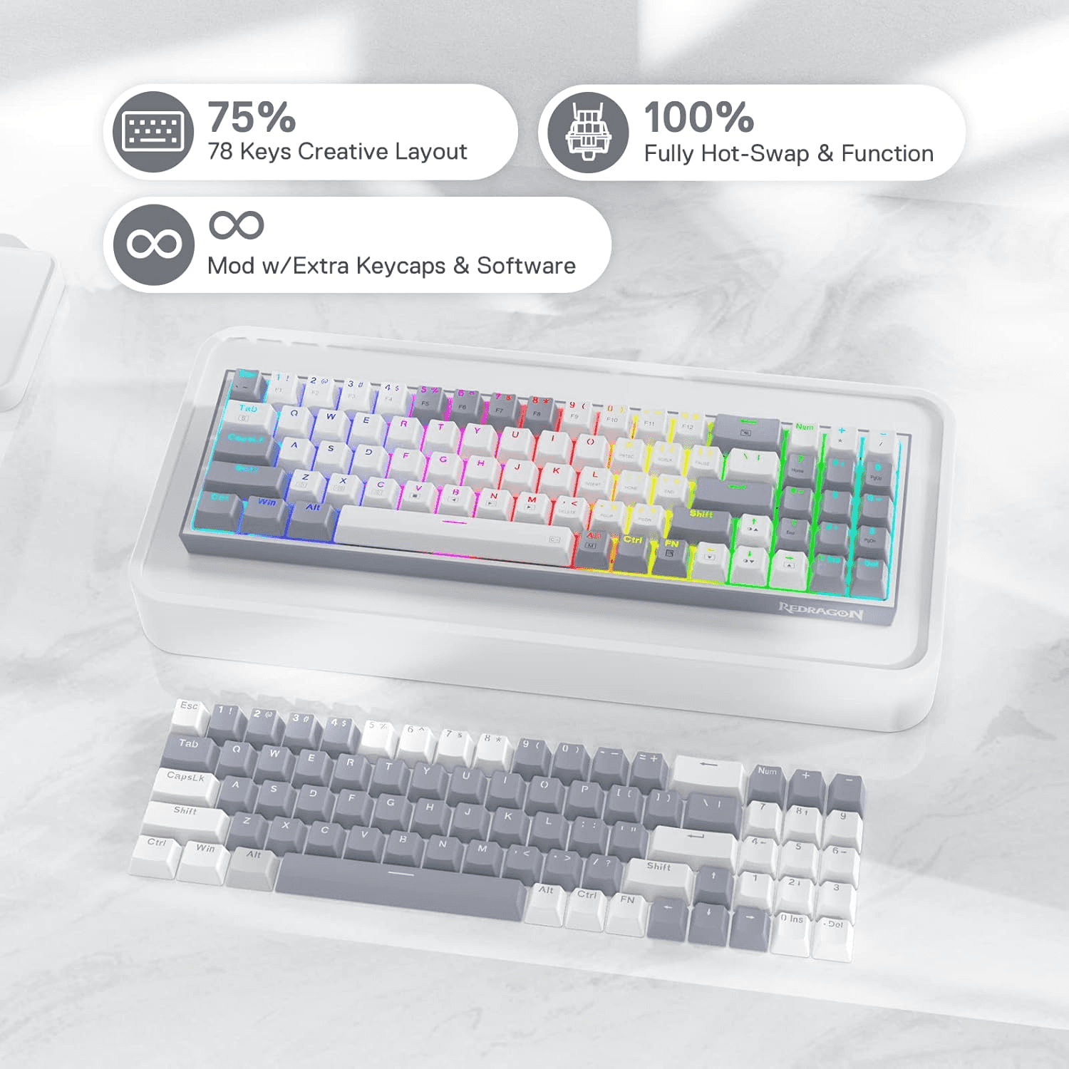 Redragon K628 Pollux 75% Wired RGB Gaming Keyboard | K628WG-RGB thumbnail 8