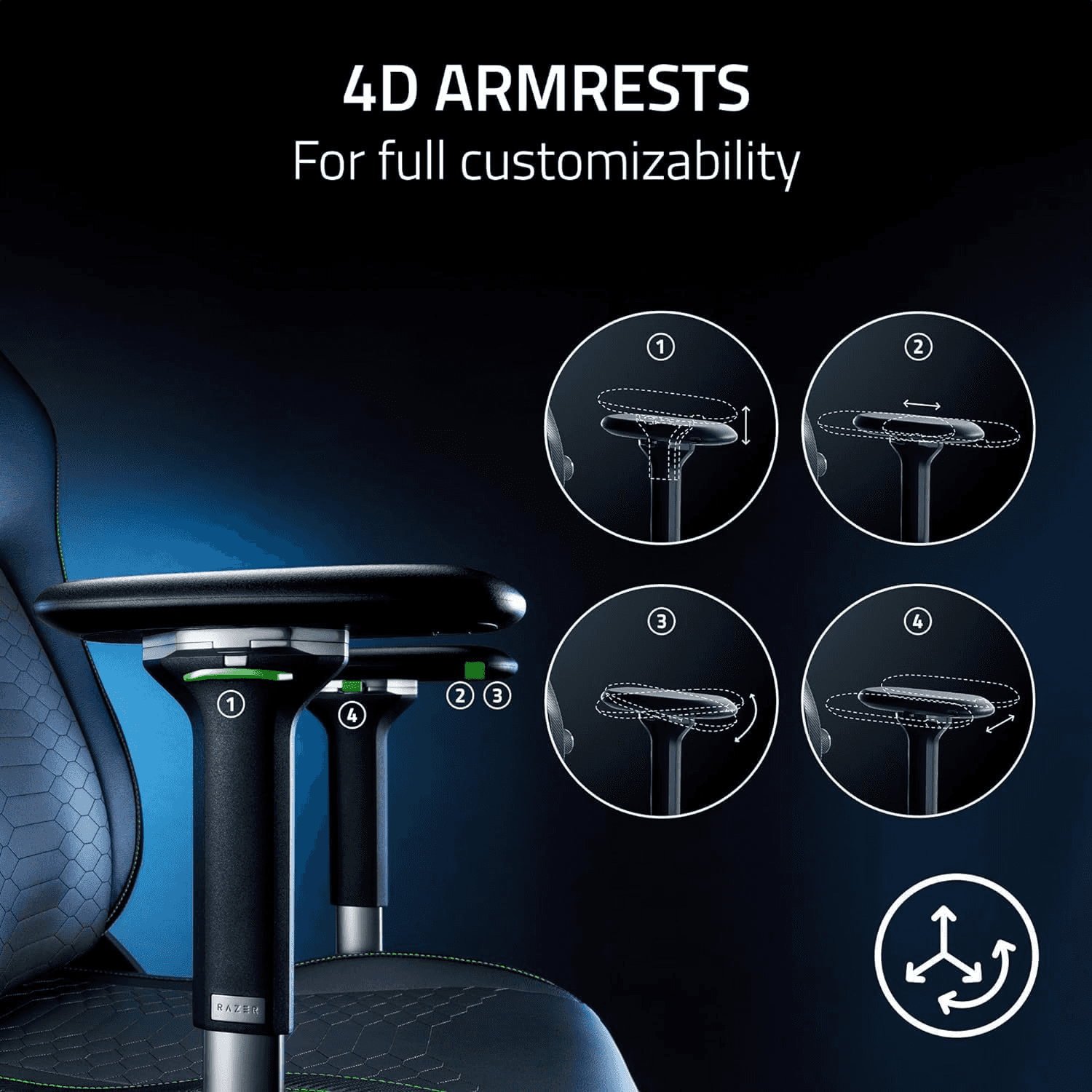 Razer Iskur V2 Gaming Chair, Adaptive Lumbar Support, Adjustable Lumbar Curve, High Density Foam Cushions, Reactive Seat Tilt &152-degree Recline, 4D Armrests, Synthetic Leather - Black and Green | RZ38-04900100-R3G1 thumbnail 3