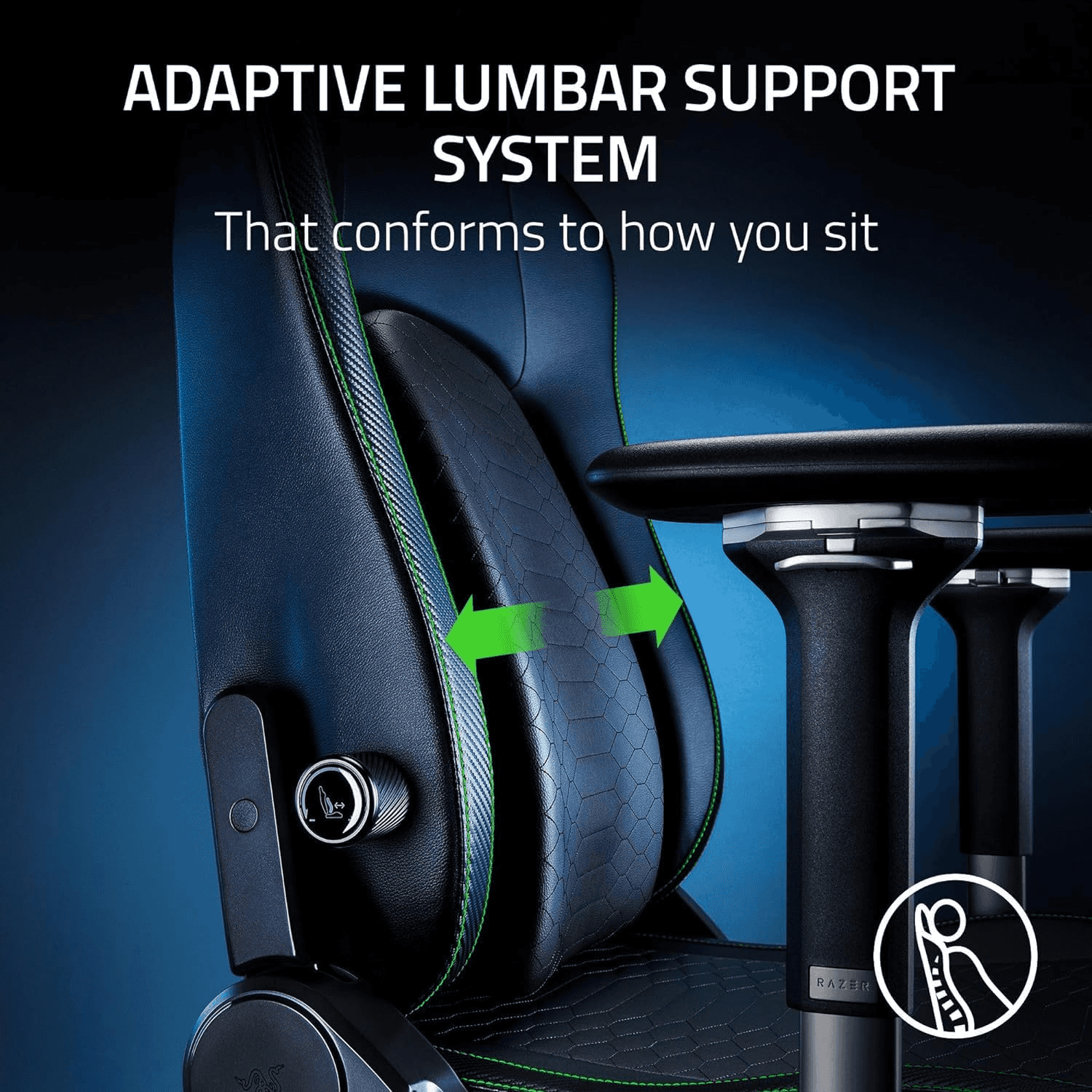 Razer Iskur V2 Gaming Chair, Adaptive Lumbar Support, Adjustable Lumbar Curve, High Density Foam Cushions, Reactive Seat Tilt &152-degree Recline, 4D Armrests, Synthetic Leather - Black and Green | RZ38-04900100-R3G1 thumbnail 7