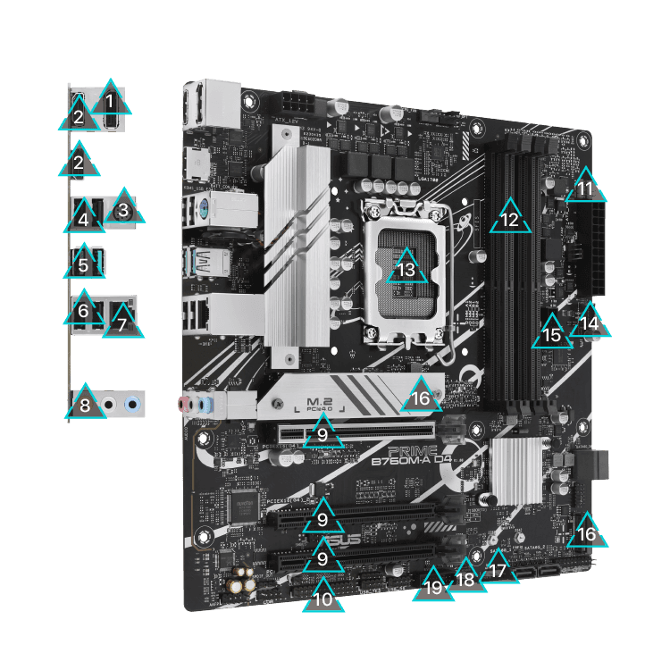 ASUS PRIME B760M-A D4-CSM Intel B760 (LGA 1700) mATX motherboard, PCIe 4.0, two M.2 slots, Realtek 2.5Gb Ethernet, DisplayPort, Dual HDMI, SATA 6 Gbps, rear USB 3.2 Gen 2, front USB 3.2 Gen 1 Type-C, Aura Sync | 90MB1D00-M0EAYC thumbnail 3