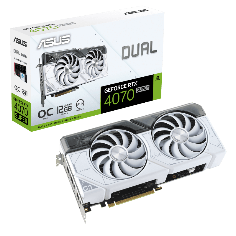 ASUS Dual GeForce RTX 4070 SUPER White OC Edition 12GB GDDR6X Graphic card, 192-bit, 7168 CUDA Cores, PCI E 4.0, 2550 MHz (Boost Clock), 2 Year Warranty | 90YV0K84-M0NA00 thumbnail 8