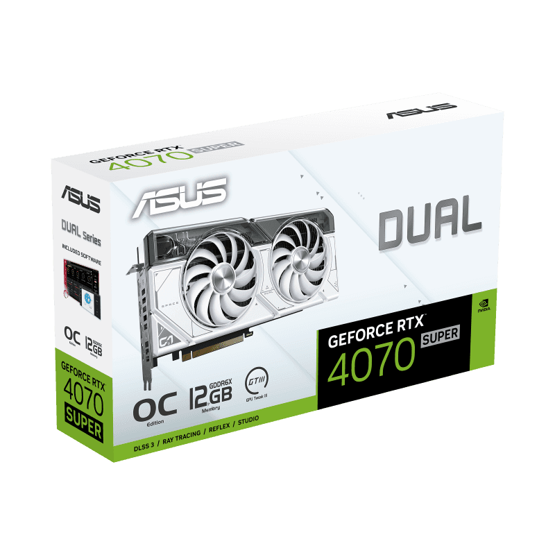 ASUS Dual GeForce RTX 4070 SUPER White OC Edition 12GB GDDR6X Graphic card, 192-bit, 7168 CUDA Cores, PCI E 4.0, 2550 MHz (Boost Clock), 2 Year Warranty | 90YV0K84-M0NA00 thumbnail 4