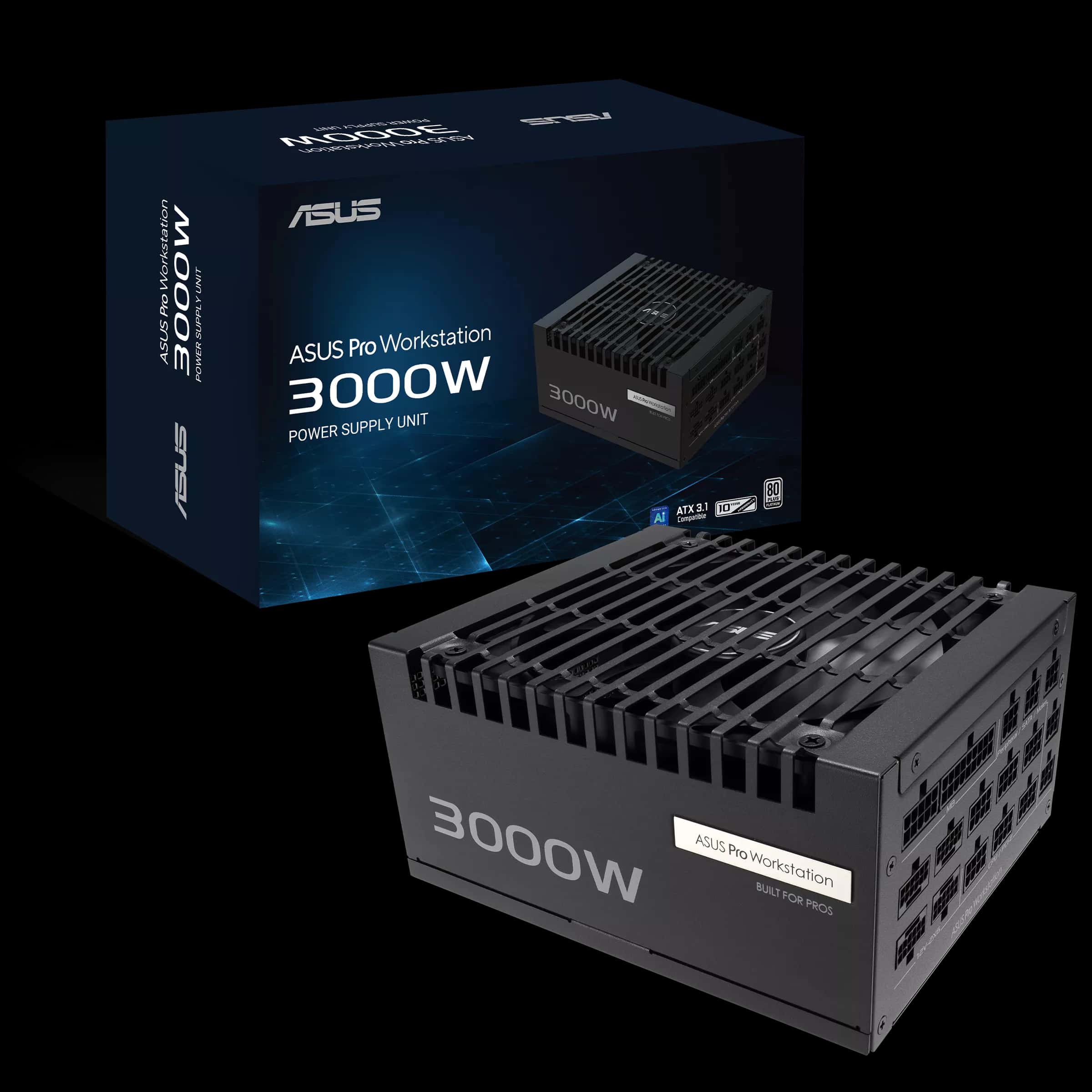 ASUS Pro WS 3000W Platinum Power Supply PSU, Heavy-duty PSU, ATX 3.1 compatible, PCIe 5.1 ready, Dual-ball fan bearings, 80 PLUS Platinum certified, Supports up to 4x GeForce RTX 5090 Graphics Cards |  90YE00Z0-B0EA00 thumbnail 1