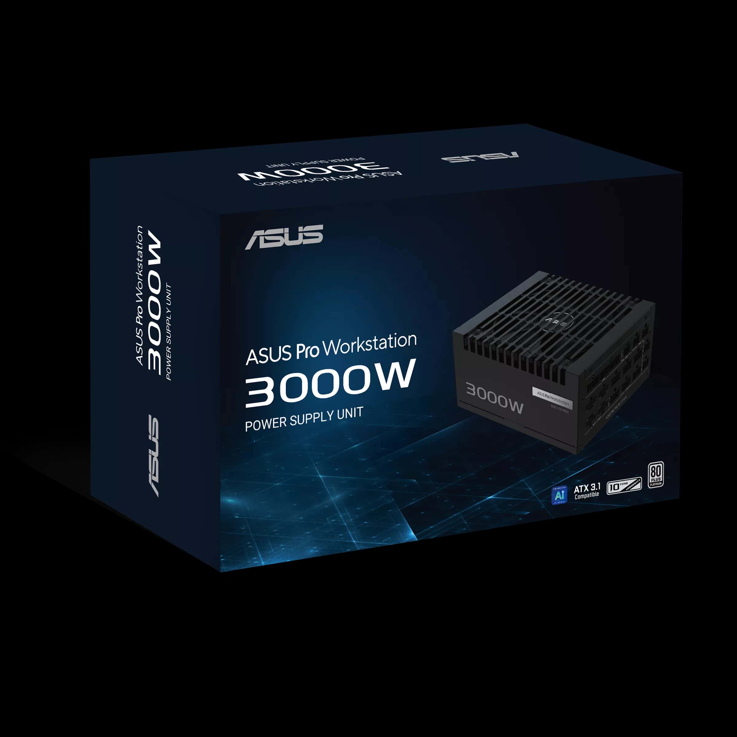 ASUS Pro WS 3000W Platinum Power Supply PSU, Heavy-duty PSU, ATX 3.1 compatible, PCIe 5.1 ready, Dual-ball fan bearings, 80 PLUS Platinum certified, Supports up to 4x GeForce RTX 5090 Graphics Cards |  90YE00Z0-B0EA00 thumbnail 2