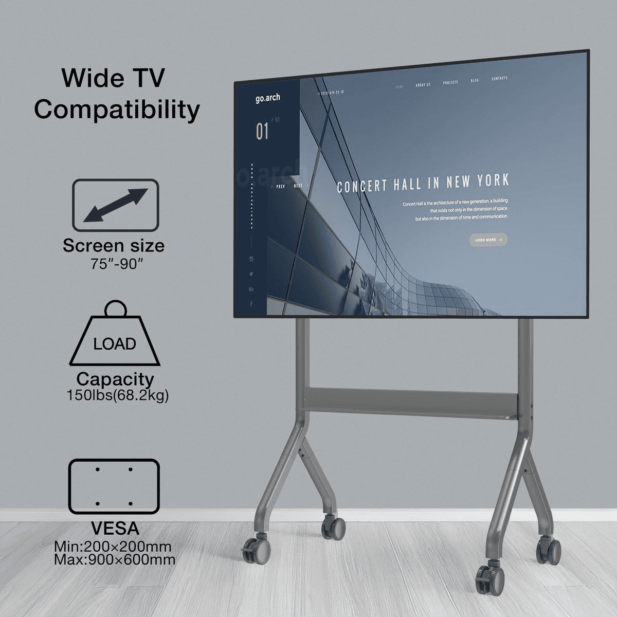 EQ TEX 75-90 Manual Lift Stand for Interactive Displays, 75"-90" Screens, 120kg Load Capacity, Secure Locking System thumbnail 5