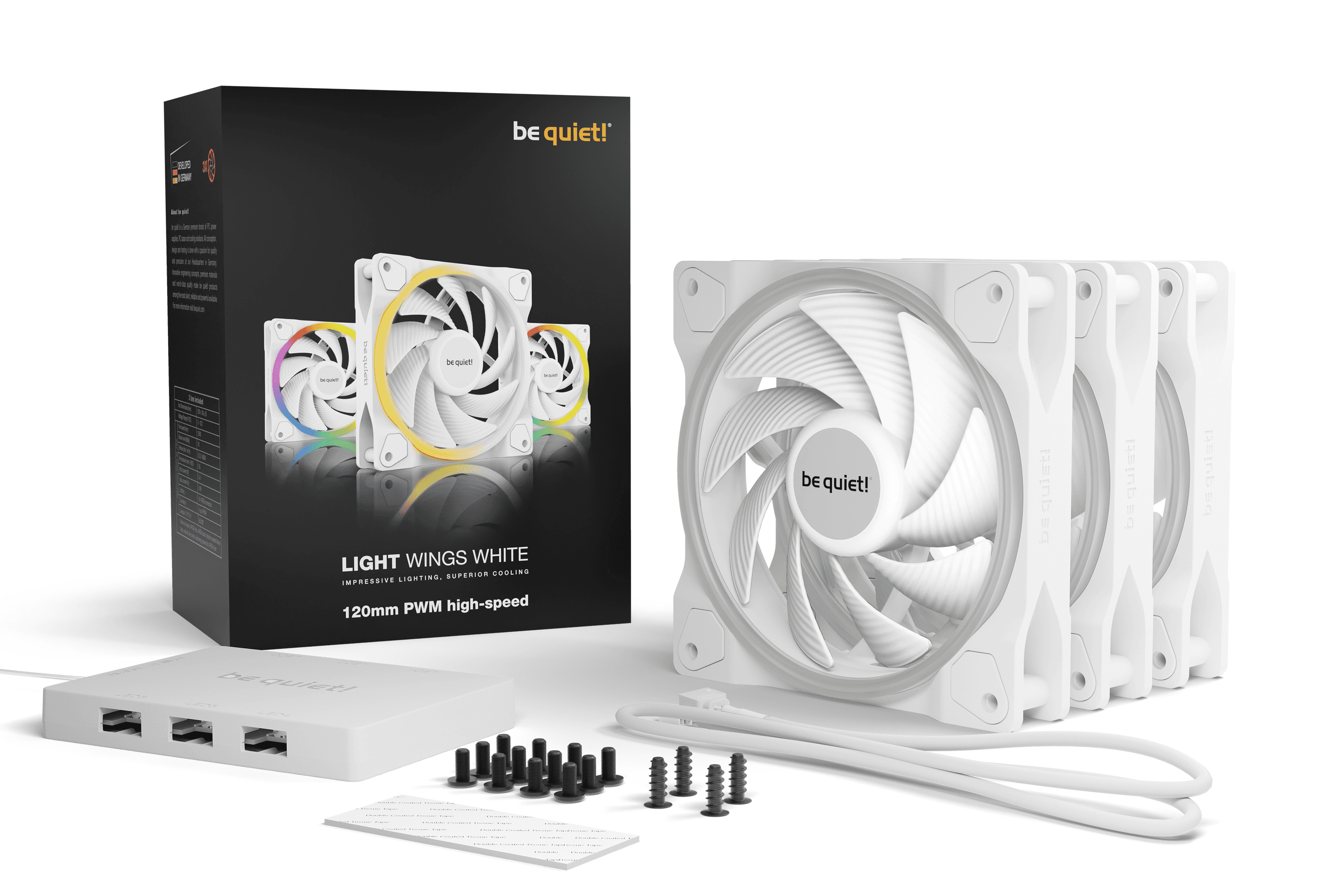 Be Quiet! Light Wings 120mm PWM High-Speed ARGB Case Fans, 9 Silence-Optimized Fan Blades, Up to 88.86 CFM Airflow & 2500 RPM Fan Speed, Rifle Bearing Technology, Triple Pack, White | BL101 thumbnail 3