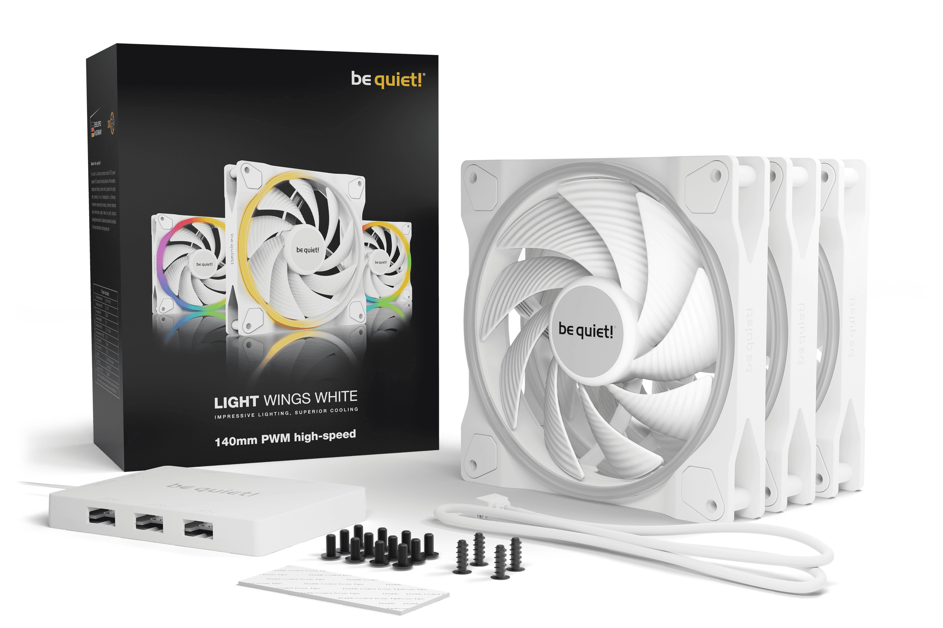 Be Quiet! Light Wings High-Speed 140mm PWM aRGB Case Fans, 9 Silence-Optimized Fan Blades, Up to 121.82 CFM Airflow & 2200 RPM Fan Speed, Rifle Bearing Technology, Triple Pack, White | BL103 thumbnail 3