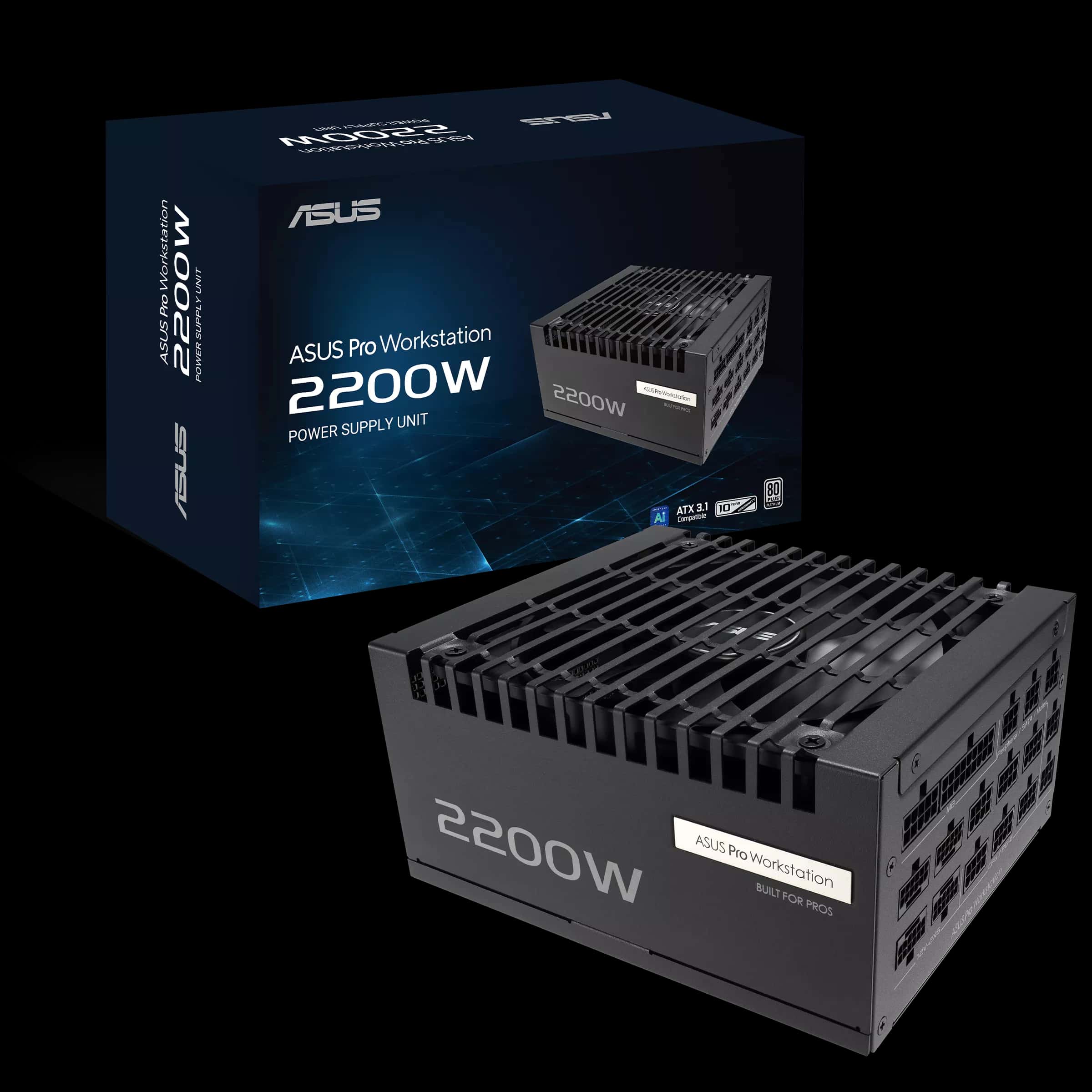 ASUS Pro WS 2200W Platinum Power Supply (PSU), Heavy-duty PSU, ATX 3.1 Compatible, PCIe 5.1 ready, 80 PLUS Platinum, Dual-ball fan bearings, up to 4x NVIDIA GeForce RTX 5080 Graphics Cards | 90YE00Z1-B0NA00 thumbnail 1