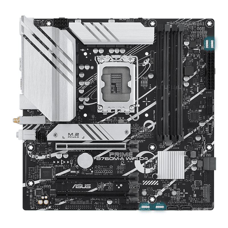 ASUS PRIME B760M-A WIFI D4 Motherboard, Intel B760 (LGA 1700) mATX motherboard, PCIe 4.0, 4 x DIMM, 2x M.2 slots, Realtek 2.5Gb Ethernet, Wi-Fi 6, DisplayPort, Dual HDMI, SATA 6 Gbps, USB 3.2 Gen 2, Type-C, Aura Sync | 90MB1CX0-M0EAY0 thumbnail 1
