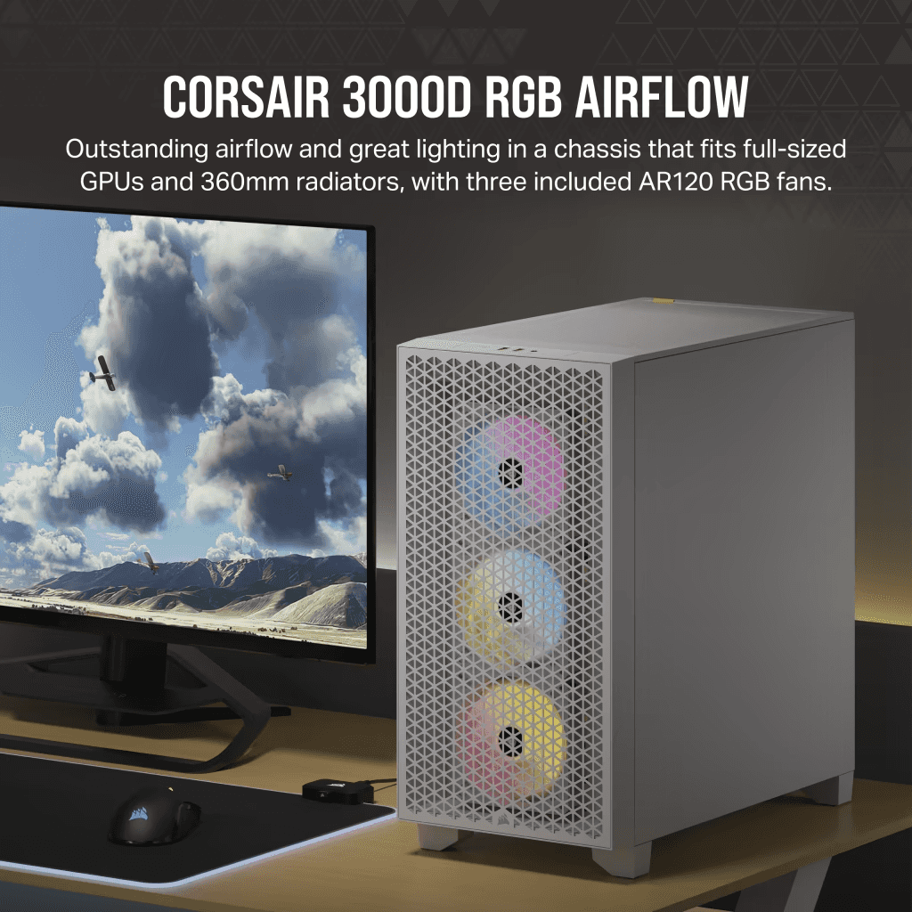 Corsair 3000D RGB AIRFLOW Mid-Tower PC White Case, Tempered Glass, Fits up to 8x 120mm fans and up to 360mm radiators, 3x AR120 RGB fans, Fits four-slot graphics cards up to 360mm in length | CC-9011256-WW thumbnail 4