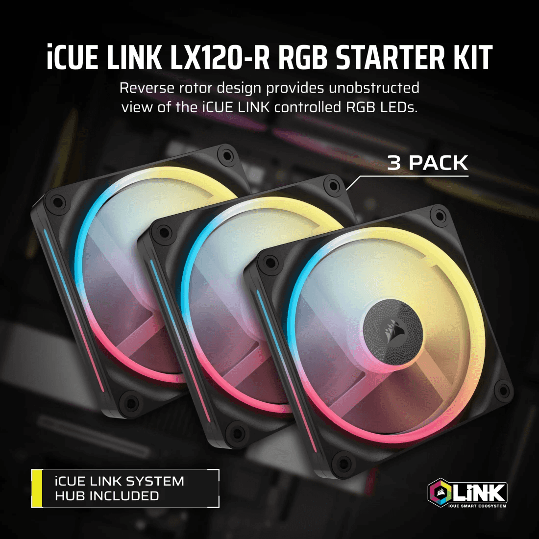 Corsair iCUE LINK LX120-R RGB 120mm PWM Reverse Black RGB Case Fans Starter Kit, Magnetic Dome Bearing | CO-9051050-WW thumbnail 3