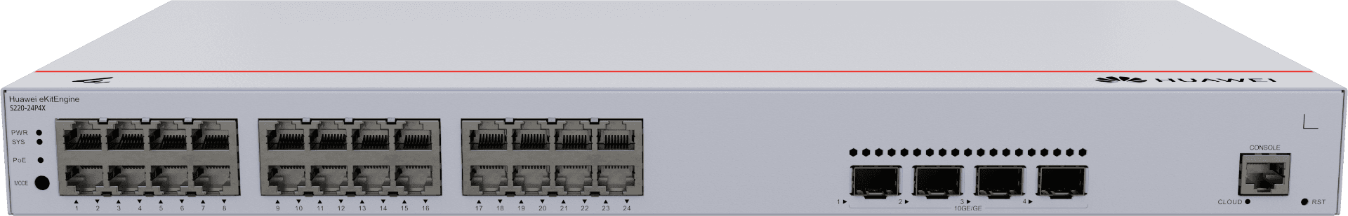 Huawei S220-24P4X Switches, 24 x 10/100/1000BASE-T Ports, 4 x 10GE SFP+ Ports, 400W PoE+, Built In AC Power, 95Mpps Packet Forwarding Rate, 128Gbit/s Switching Capacity | 98012376 thumbnail 1