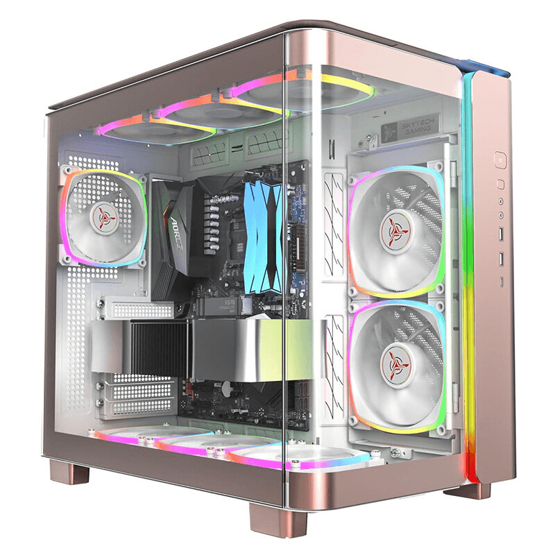 MONTECH King 95 PRO Dual-Chamber ATX Mid-Tower PC Gaming Case, High-Airflow, Sturdy Curved Tempered Glass Front, Six ARGB PWM Fan Pre-Installed with Fan Hub, Rose Gold, Skytech Gaming Edition thumbnail 2