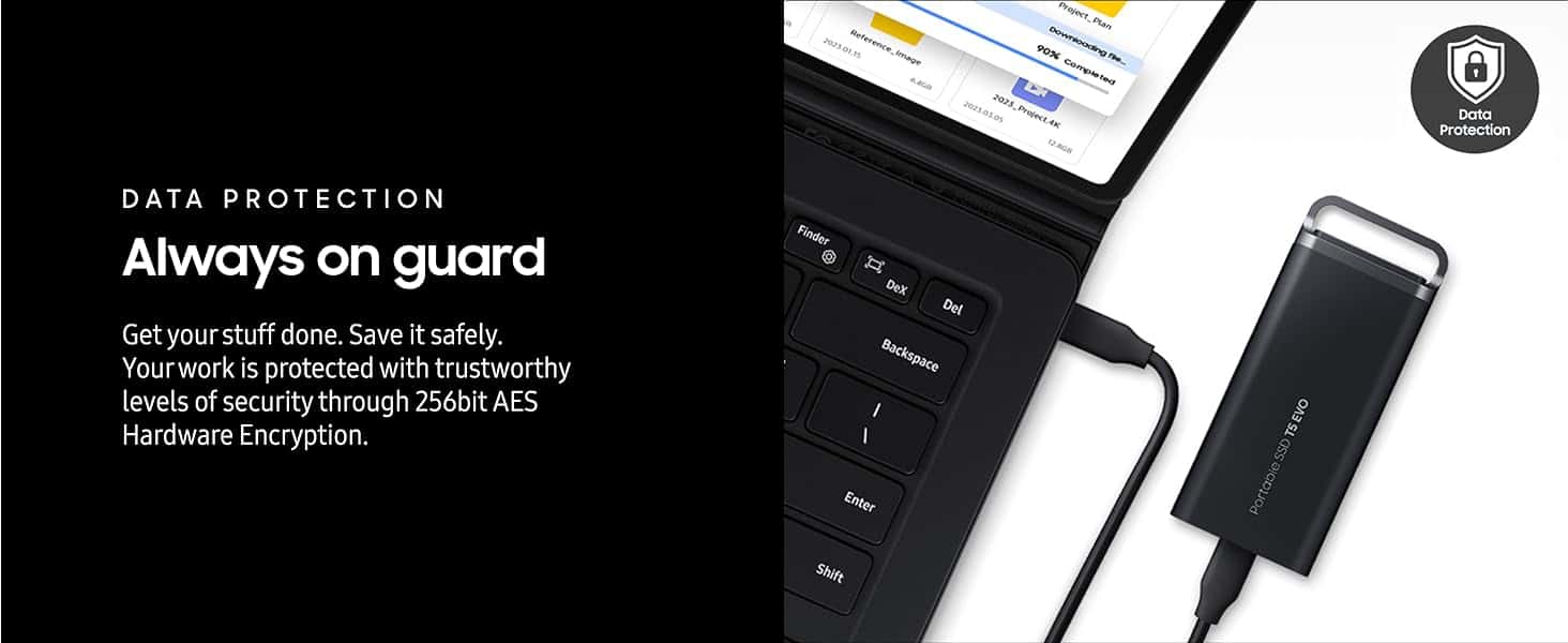 Samsung T5 EVO 8TB USB 3.2 Gen 1 Portable External SSD, Up to 460 MB/s Data Transfer Rate, Rubber Skin Design, AES 256-Bit Hardware Encryption, Integrated Hook - Black | MU-PH8T0S/WW thumbnail 9