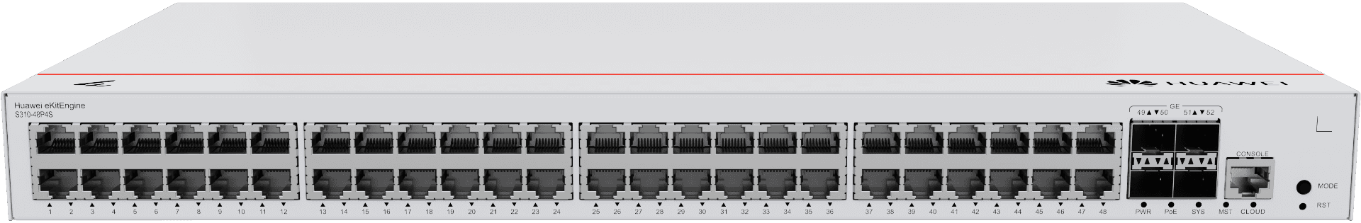 Huawei eKit S310-48P4S Switches, 48x10/100/1000BASE-T Ports(380W PoE+, 4xGE SFP Ports, built-in AC Power Gigabit Managed, 104 Gbps Switch capacity, Layer 3 Access Switch | 98012384 thumbnail 4