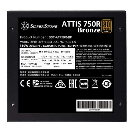 SilverStone ATTIS 750R Non-Modular Power Supply, 750W Power, 80 Plus Bronze, Silent 120mm Fan, Active PFC, Multi-Protection, ATX Form Factor, Japanese Primary Capacitor, Black | SST-AT750R-BF thumbnail 3