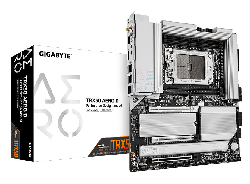 Gigabyte TRX50 AERO D sTR5 E-ATX Motherboard, AMD TRX50 Chipset, 4x DDR5 DIMM 1TB Max, PCIe 5.0 / 2x PCIe x16, 4xM.2, USB 3.2 / USB4 Type-C, Wi-Fi 7, Marvell 10GbE, White | TRX50 AERO D thumbnail 2