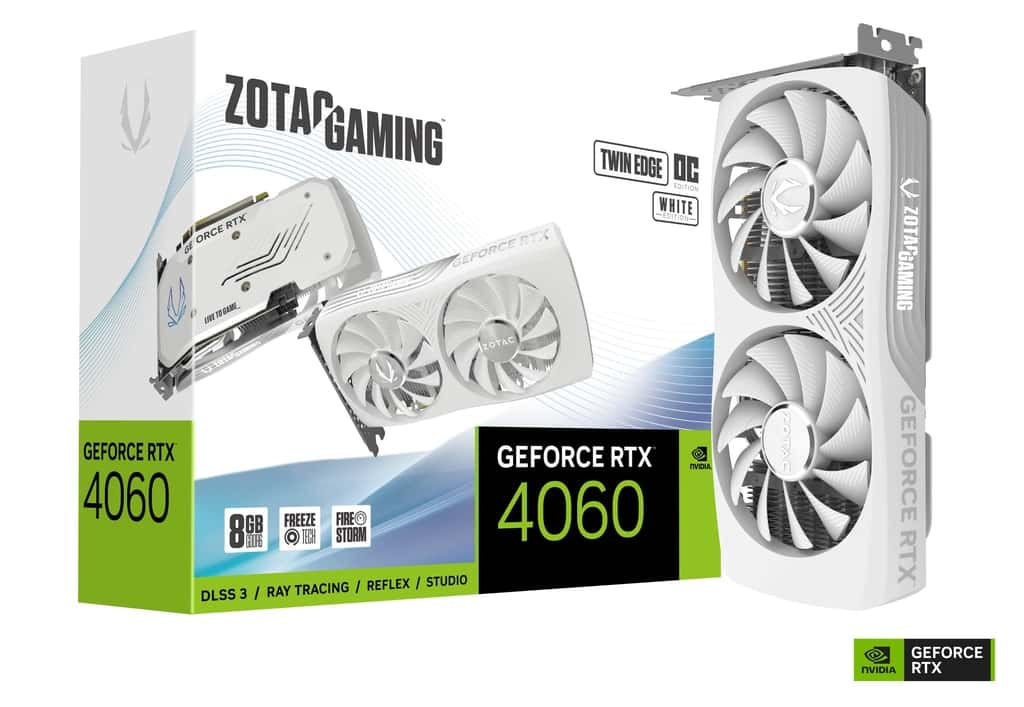ZOTAC GAMING GeForce RTX 4060 8GB Twin Edge OC White Edition Graphic card, 8GB GDDR6, PCI, 3072 CUDA cores, 128-bit, 3 x DisplayPort, 1 x HDMI, Air Cooled | ZT-D40600Q-10M thumbnail 2