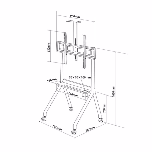 Skill Tech DG 115W FS heavy-duty mobile TV cart in matte white showing the dual-column stand and lockable caster wheels