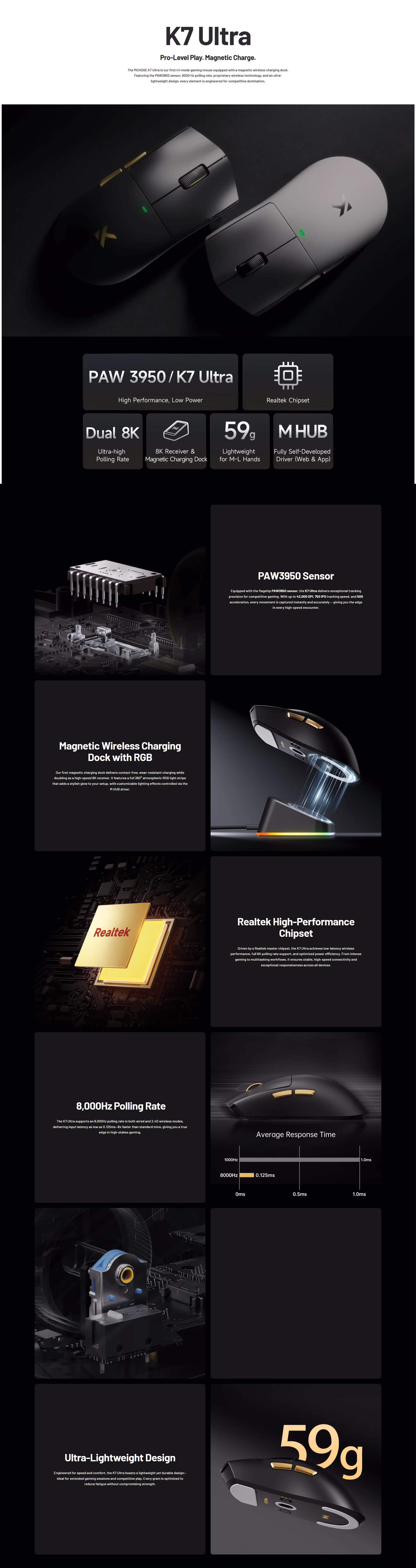 MCHOSE K7 Ultra | 8K Polling 42K DPI Wireless Mouse - Black