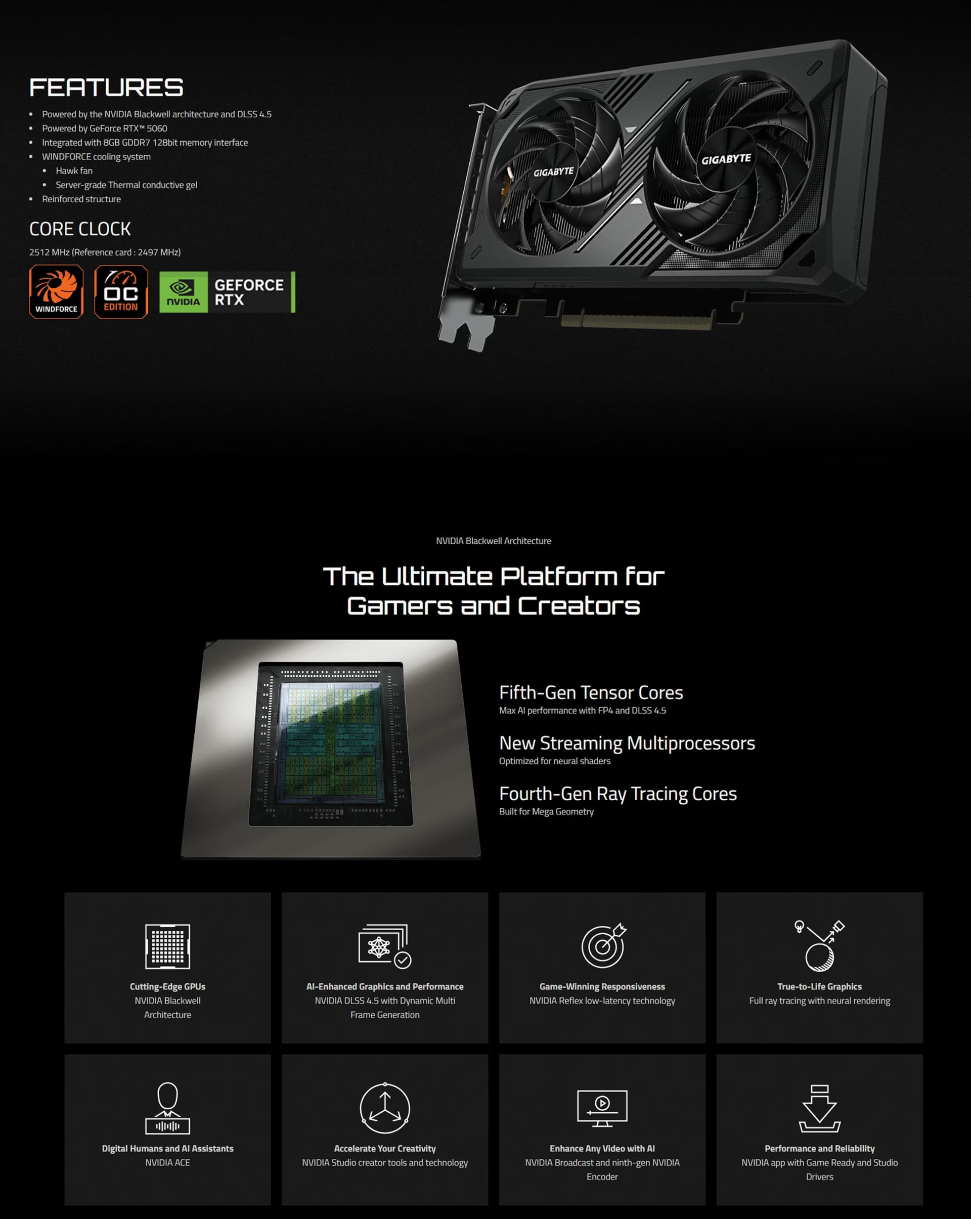 GIGABYTE NVIDIA GeForce RTX 5060 WINDFORCE MAX OC 8GB graphics card front view showing dual Hawk Fans