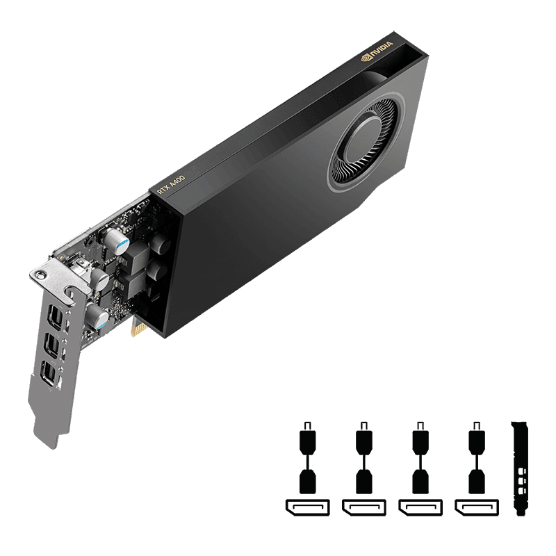 PNY NVIDIA RTX A400 4 GB GDDR6 Graphics Card, 64-bit, 96 GB/sec, 768 CUDA Cores, NVIDIA Ampere, 4x mDisplayPort 1.4a | VCNRTXA400-SB