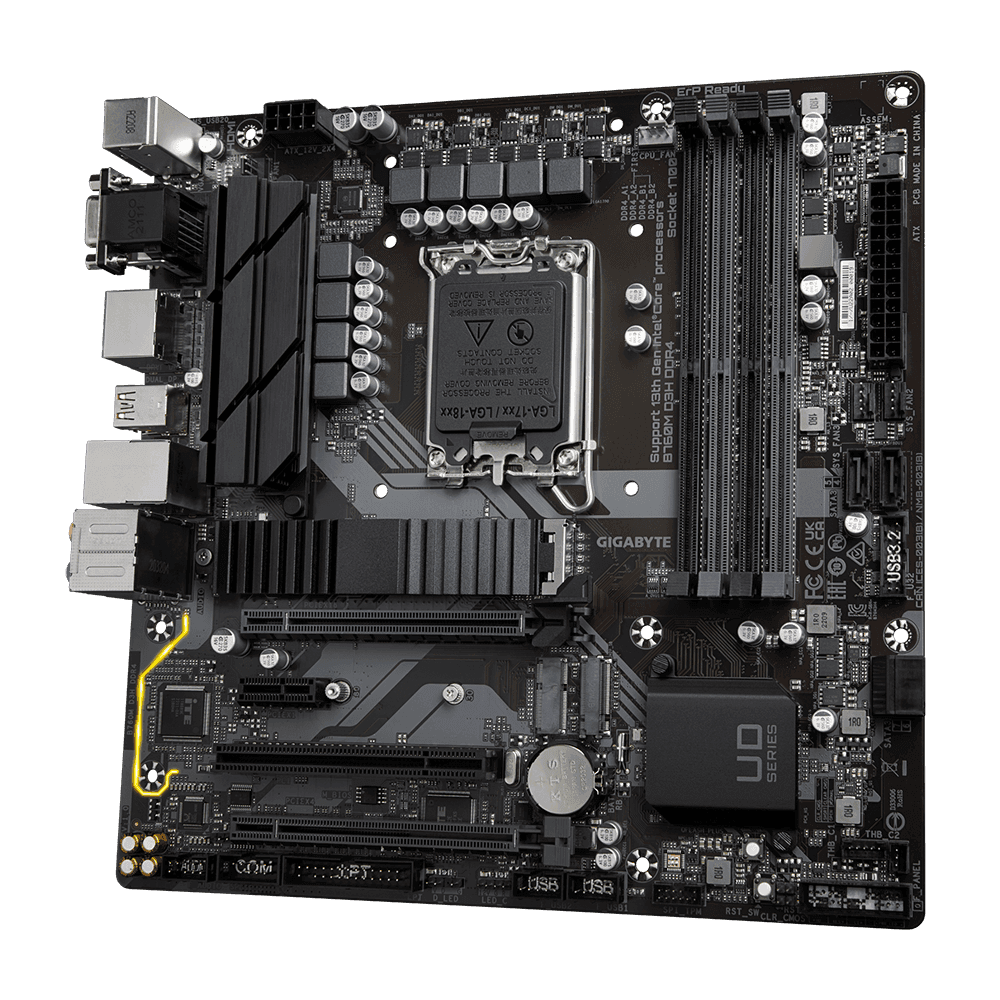 Gigabyte Gigabyte B760M D3H DDR4 LGA1700 Micro ATX Motherboard, Intel B760, 4x DDR4 DIMM, 128GB Max Memory, Intel 2.5GbE LAN, 1x PCI Exp 4.0x16, 1x D-Sub, 1x HDMI, 1x DP, 1x USB Type-C/3.2 | B760M-D3H-DDR4 - product view 2 of 5