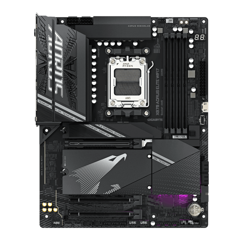 Gigabyte GIGABYTE X870 Aorus Elite Wifi 7 AM5 ATX Motherboard, AMD X870 Chipset, 4x DDR5 DIMM Slot, 256GB Max Memory, 4x M.2 Slots, 1x PCIe 5.0 x16, Black | X870 A ELITE WIFI7 - product view 2 of 4