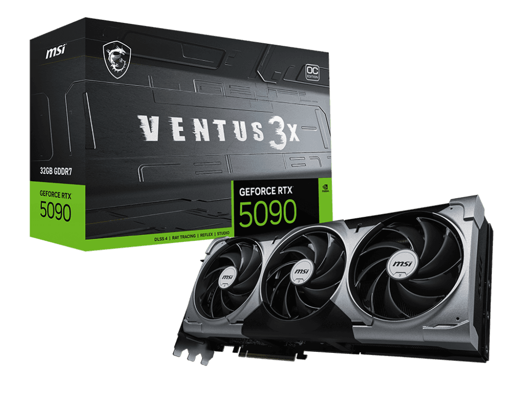 MSI MSI GeForce RTX 5090 VENTUS 3X OC Graphics Card, 32GB GDDR7 512-bit Memory, 21760 CUDA Cores, 2437 MHz Engine Clock, 28 Gbps Memory Speed, PCI E 5.0, 1x HDMI, 3x DP, Black | 912-V530-060 - product view 1 of 6