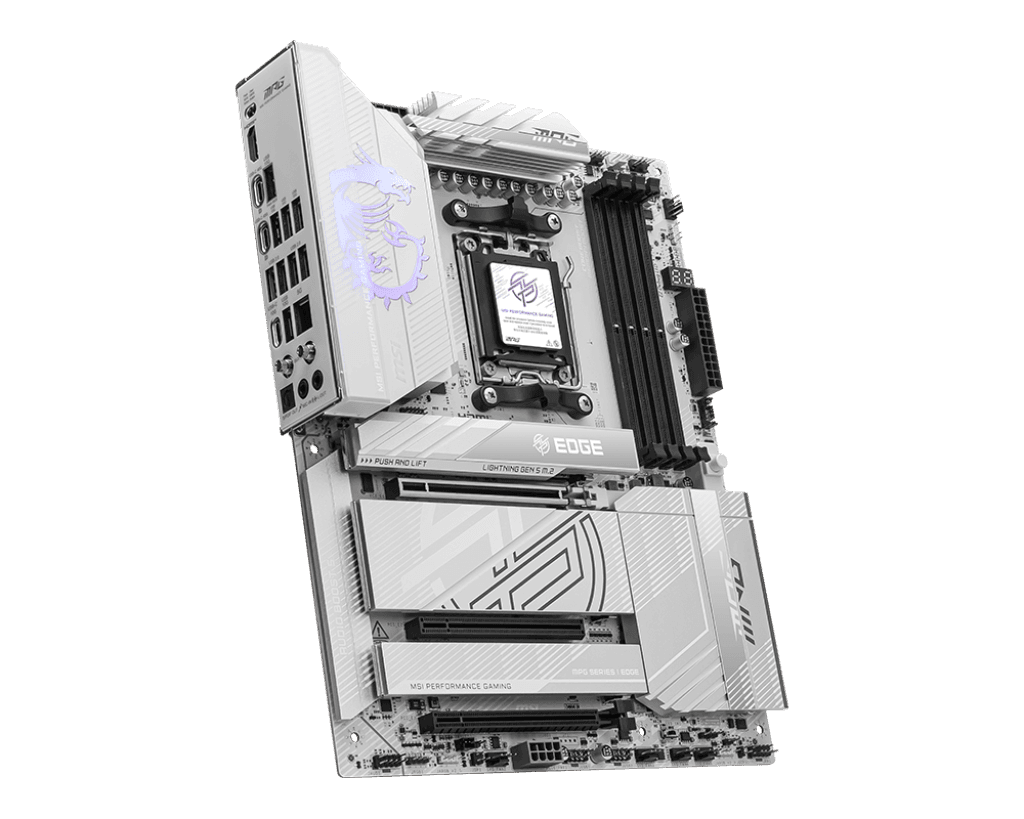 MSI MSI MPG X870E EDGE TI WIFI AM5 ATX Motherboard, AMD X870E Chipset, 4x DDR5 UDIMM Memory, Up to 256GB Max Memory, 3x PCI-E x16 Slot, 4x M.2 Slots, Wi-Fi & BT Connectivty, White | 911-7ES9-001 - product view 3 of 5