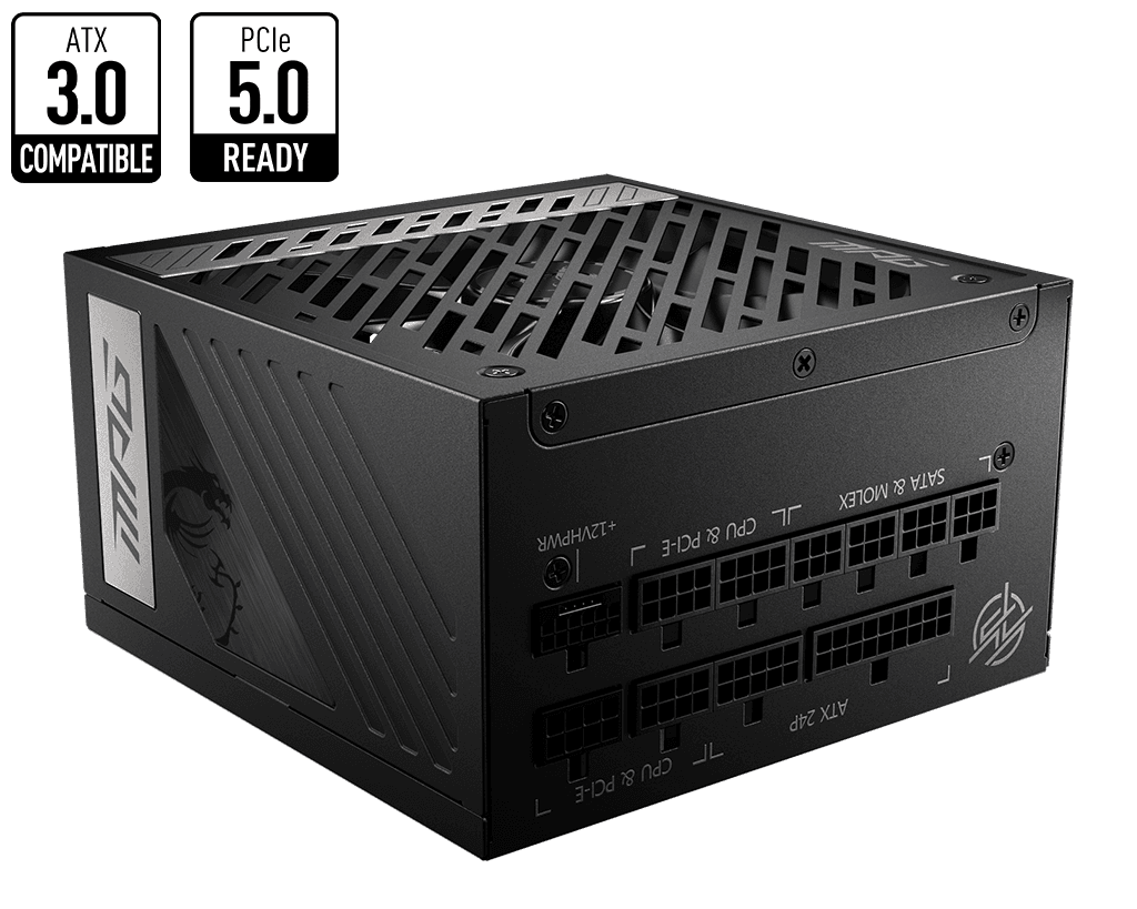MSI  MSI MPG A1000G PCIE5 1000W Power Supply, Full Modular Design, 80 Plus Gold Certified, 135mm Active PFC Fan, Compliant with PCIe 5.0, 100% All Japanese 105??C Capacitor, Black | 306-7ZP7C18-ECP - product view 3 of 5