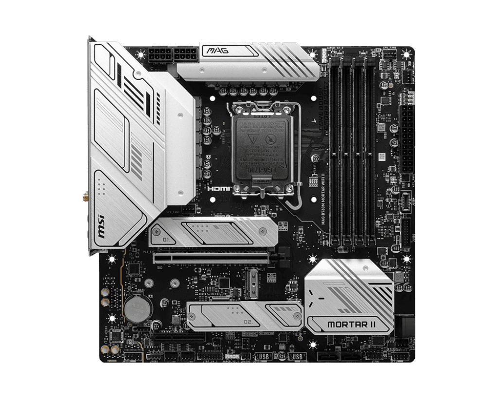MSI  MSI MAG B760M MORTAR WIFI II LGA1700 mATX Motherboard, Intel B760 Chipset, 4x DDR5 /192GB Max Memory, 2x PCI-E x16, Wi-Fi 6E / 2.5Gbps LAN / BT V5.3, HDMI / DP1.4, USB 3.2 Type-C / A | 911-7E13-001 - product view 1 of 5