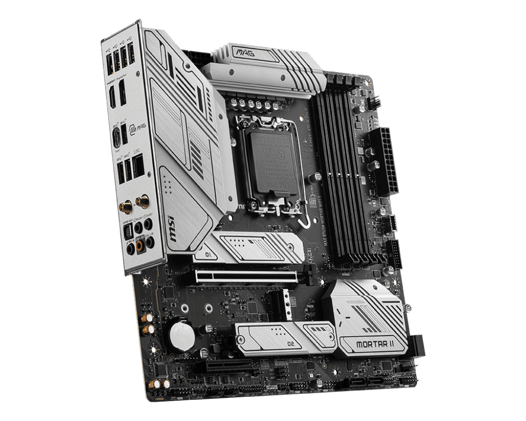 MSI  MSI MAG B760M MORTAR WIFI II LGA1700 mATX Motherboard, Intel B760 Chipset, 4x DDR5 /192GB Max Memory, 2x PCI-E x16, Wi-Fi 6E / 2.5Gbps LAN / BT V5.3, HDMI / DP1.4, USB 3.2 Type-C / A | 911-7E13-001 - product view 2 of 5