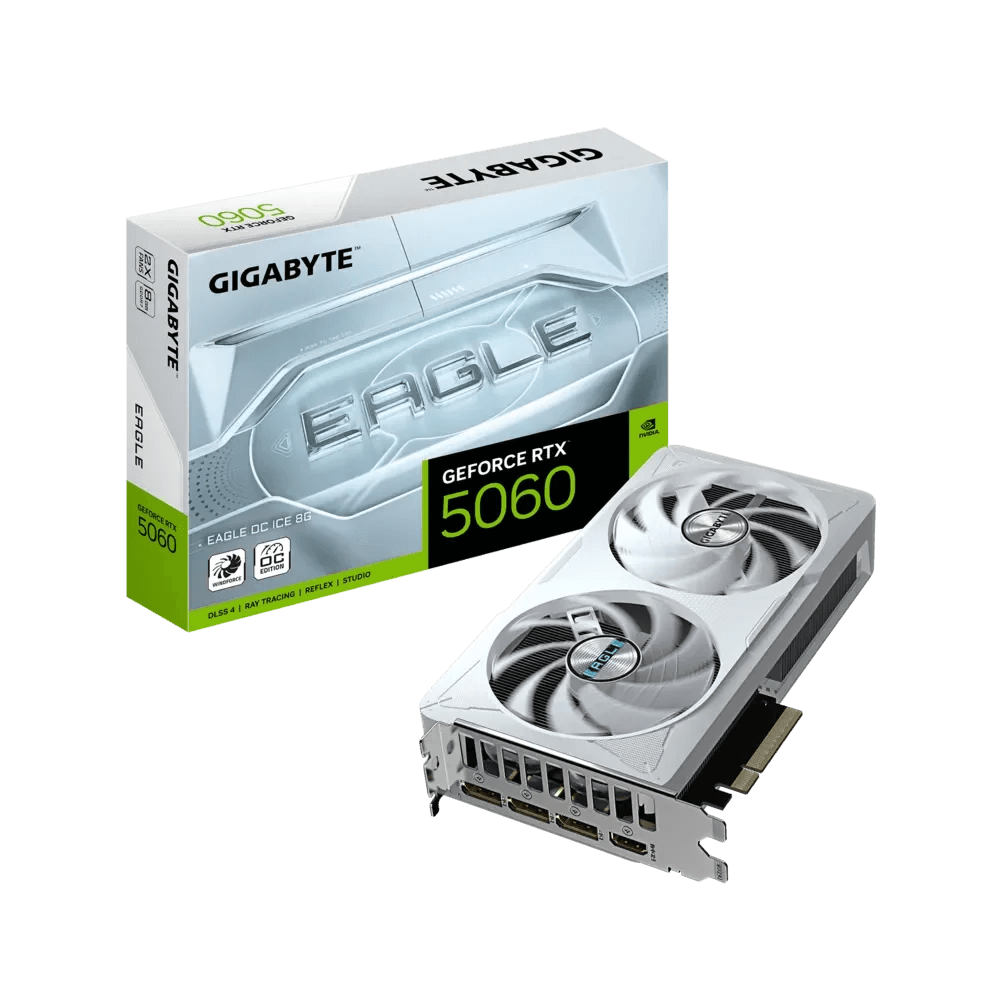 GIGABYTE GeForce RTX 5060 EAGLE OC ICE Graphics Card, 8GB GDDR7 128-Bit Memory, 2497 MHz Core Clock, 28 Gbps Memory Clock, 3840 CUDA Cores, PCI Express 5.0, White | GV-N5060EAGLEOC ICE-8GD – Buy Online
