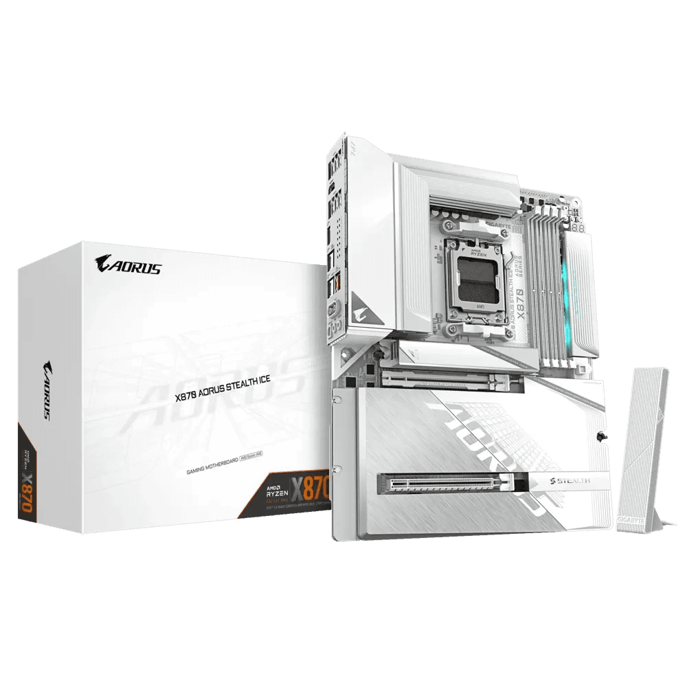 GIGABYTE X870 AORUS Stealth ICE AMD AM5 Motherboard, ATX, DDR5, 4X M.2, PCIe 5.0, 2xUSB-4,USB-C, WIFI7, 5GbE LAN, EZ-Latch – Buy Online