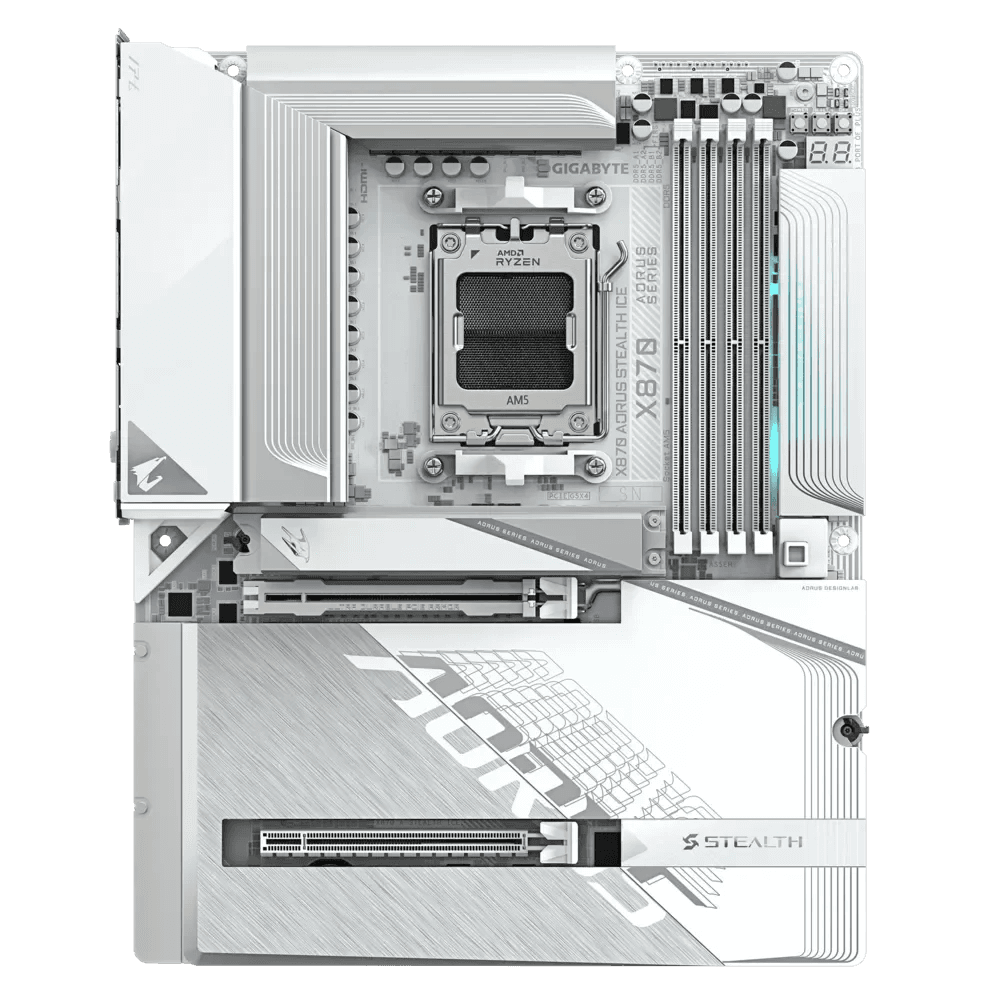 Gigabyte GIGABYTE X870 AORUS Stealth ICE AMD AM5 Motherboard, ATX, DDR5, 4X M.2, PCIe 5.0, 2xUSB-4,USB-C, WIFI7, 5GbE LAN, EZ-Latch - product view 2 of 4