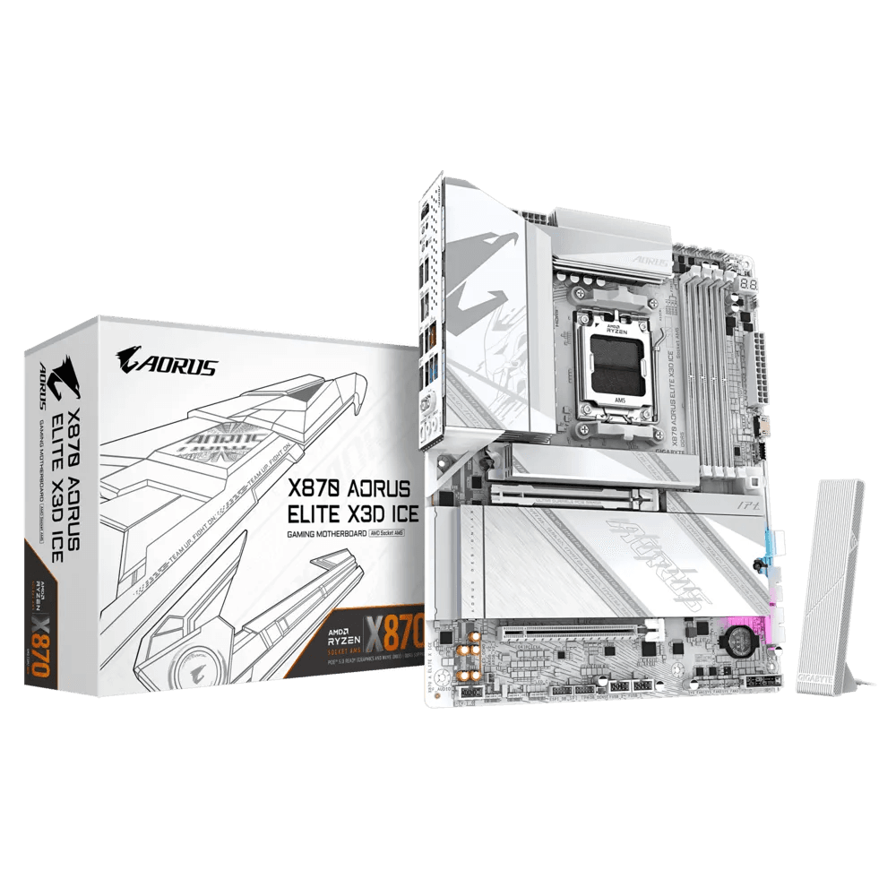 Gigabyte GIGABYTE X870 AORUS ELITE X3D ICE AM5 ATX Motherboard, AMD X870 Chipset, 4x DDR5 DIMM Slot, 256GB Max Memory, 4x M.2 Slots, 1x PCIe 5.0 x16, White | 9MX87ETXE-00-G10 - product view 1 of 5