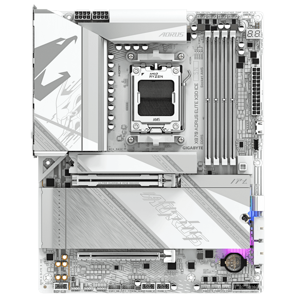 Gigabyte GIGABYTE X870 AORUS ELITE X3D ICE AM5 ATX Motherboard, AMD X870 Chipset, 4x DDR5 DIMM Slot, 256GB Max Memory, 4x M.2 Slots, 1x PCIe 5.0 x16, White | 9MX87ETXE-00-G10 - product view 2 of 5