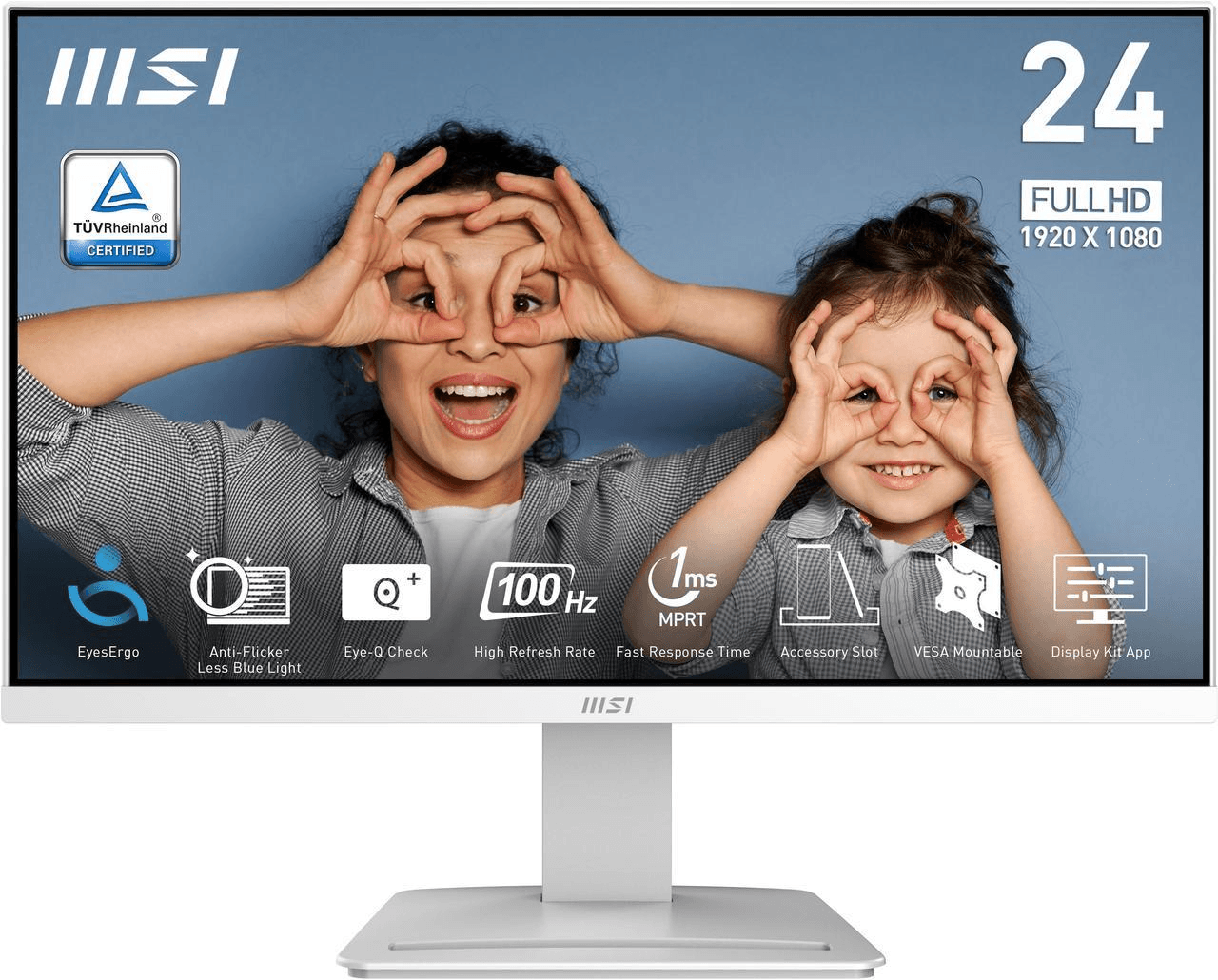 MSI MSI PRO MP2412W 24" VA 1920 x 1080 (FHD) Computer Monitor, 100Hz, Free-Synch, HDMI, DisplayPort, VESA Mountable, Tilt, 1ms, White | 9S6-3BA9CH-077 - product view 1 of 8