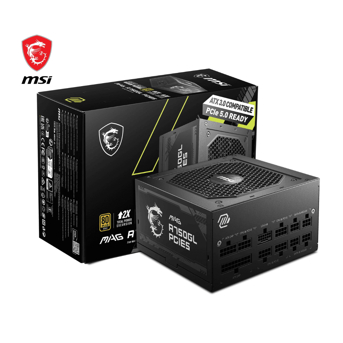 MSI MSI MAG 750W Power Supply 80 Plus Gold - -Native 16 pin Connector Design - -Full Modular Design - 7 Year Warranty -Industrial Level Protection with OVP,OCP,OPP,OTP, SCP, UVP [MAG A750GL PCIE5] | 306-7ZP8B18-CE0 - product view 2 of 6