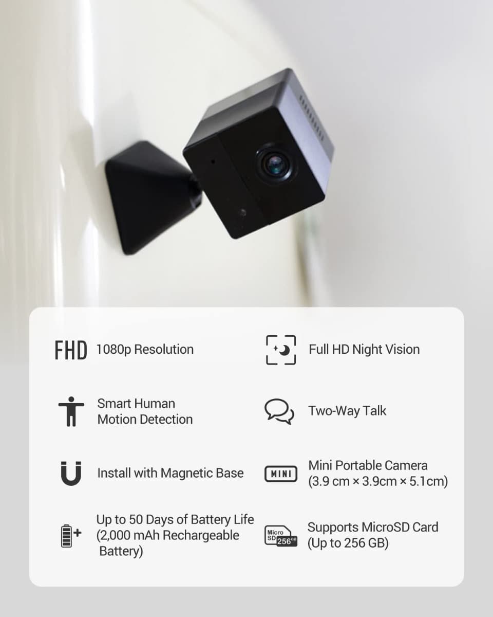 EZVIZ EZVIZ CB2 1080P Wireless Indoor WiFi Surveillance Camera on 2000 mAh Battery, 2.4 GHz WiFi Baby Camera, Person Detection, 5 m Night Vision, Two-Way Audio, Type C, Magnetic Mount Black - product view 2 of 8