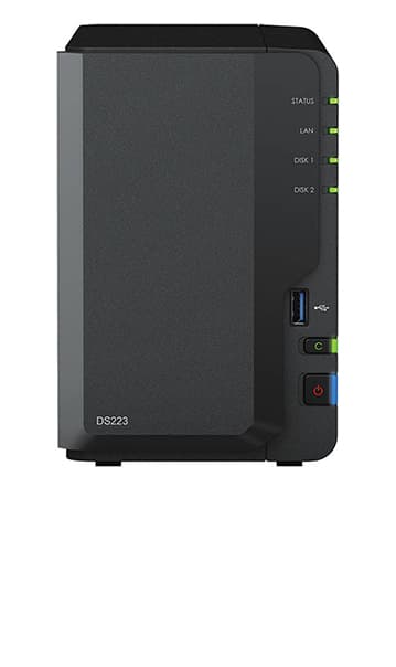 Synology Synology DiskStation DS223 2-Bay NAS Enclosure, Realtek RTD1619B 1.7Ghz, 2x 3.5"/2.5" SATA Drive Bays, RJ45 LAN Port, 3x USB 3.2 Ports, Black | DS223 - product view 3 of 4