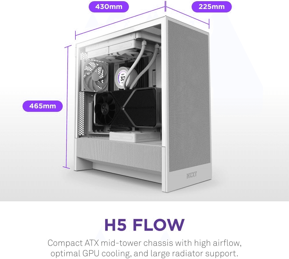 NZXT NZXT H5 Flow 2024 - Compact ATX Mid-Tower PC Gaming Case - High Airflow - 2 x 120mm Fans Included - 360mm Front & 240mm Top Radiator Support - Cable Management System - Tempered Glass - White | CC-H52FW-01 - product view 2 of 9
