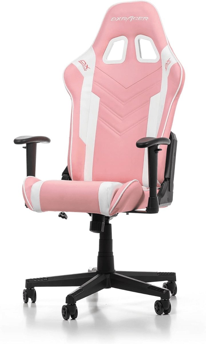 DXRacer Prince P132 Gaming Chair, Premium PVC Leather Racing Style Office Computer Seat Recliner with Ergonomic Headrest and Lumbar Support, Standard, Pink and White large size - product view 3 of 6