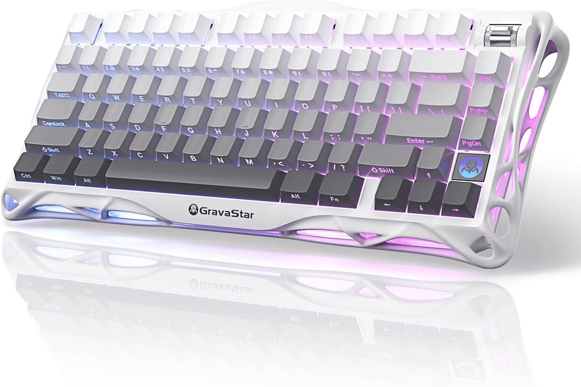 Gravastar Mercury K1 75% Wireless Mechanical Gaming Keyboard, Aluminum Alloy Frame, PBT + PC Keycaps, Gasket-Mounted with Foam, Hot-Swappable Kailh Cherry-Pink Switches, Tri-Mode (USB-C / 2.4 GHz / Bluetooth), 8,000 mAh Battery, Dual RGB + Volume Control Knob, Gradient White – Buy Online