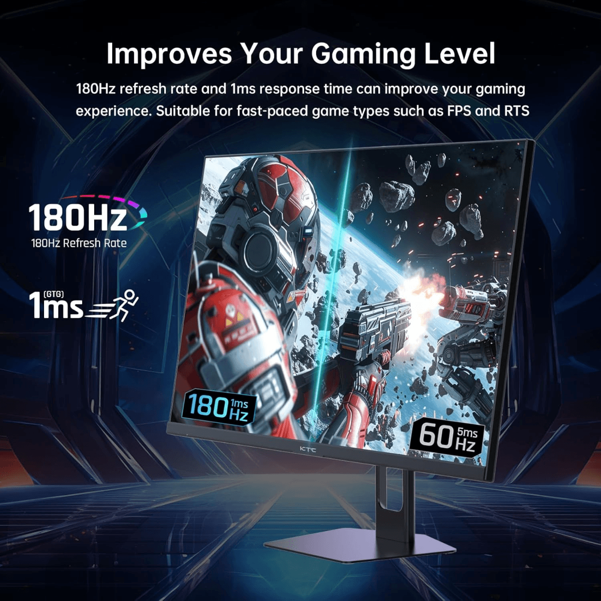 KTC KTC 27 Inch QHD Gaming Monitor, 180Hz 1ms GTG Fast IPS 2K Computer Gamer Monitor, 1440P HDR Frameless Monitor with Adaptive Sync, Tilt Adjustment, VESA Compatible, Eye Care, DisplayPort HDMI | H27T22S - product view 2 of 4