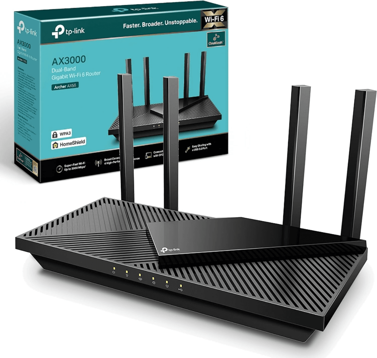 TP-Link Archer AX55 AX3000 Dual Band Gigabit Wi-Fi 6 Router, 2402Mbps 5 GHz, 574Mbps 2.4 GHz, 802.11ax, 160MHZ Bandwidth, Dual Band, OFDMA, MU-MIMO, Works with Alexa, Black | Archer AX55