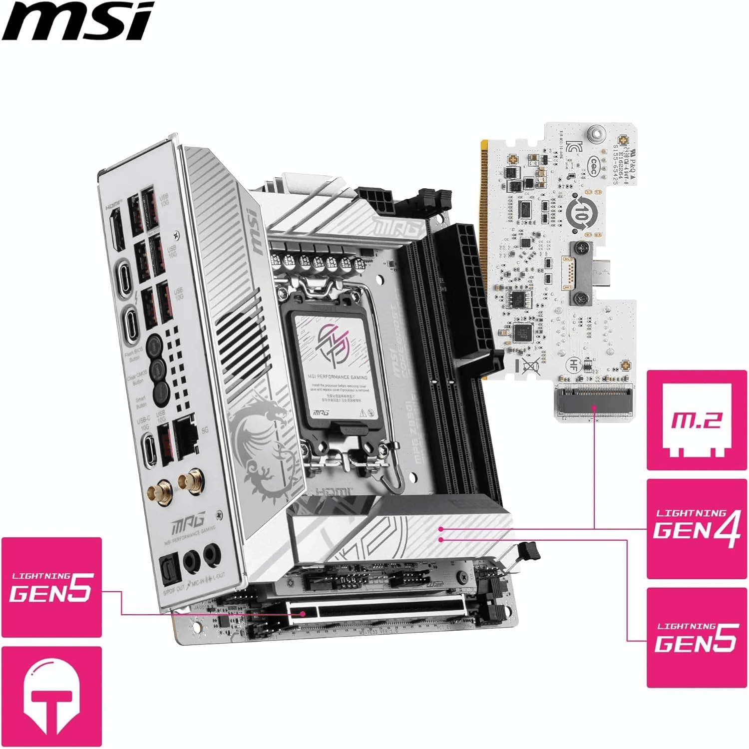 MSI MSI MPG Z890I Edge Ti WiFi LGA 1851 Mini ITX Motherboard, Intel Z890 Chipset, 2x DDR5 UDIMM Slots, Up to 128GB Max Memory, 1x PCI-E x16 Slots, 4x M.2 Slots, WiFi & BT Connectivity | 911-7E33-004 - product view 2 of 7