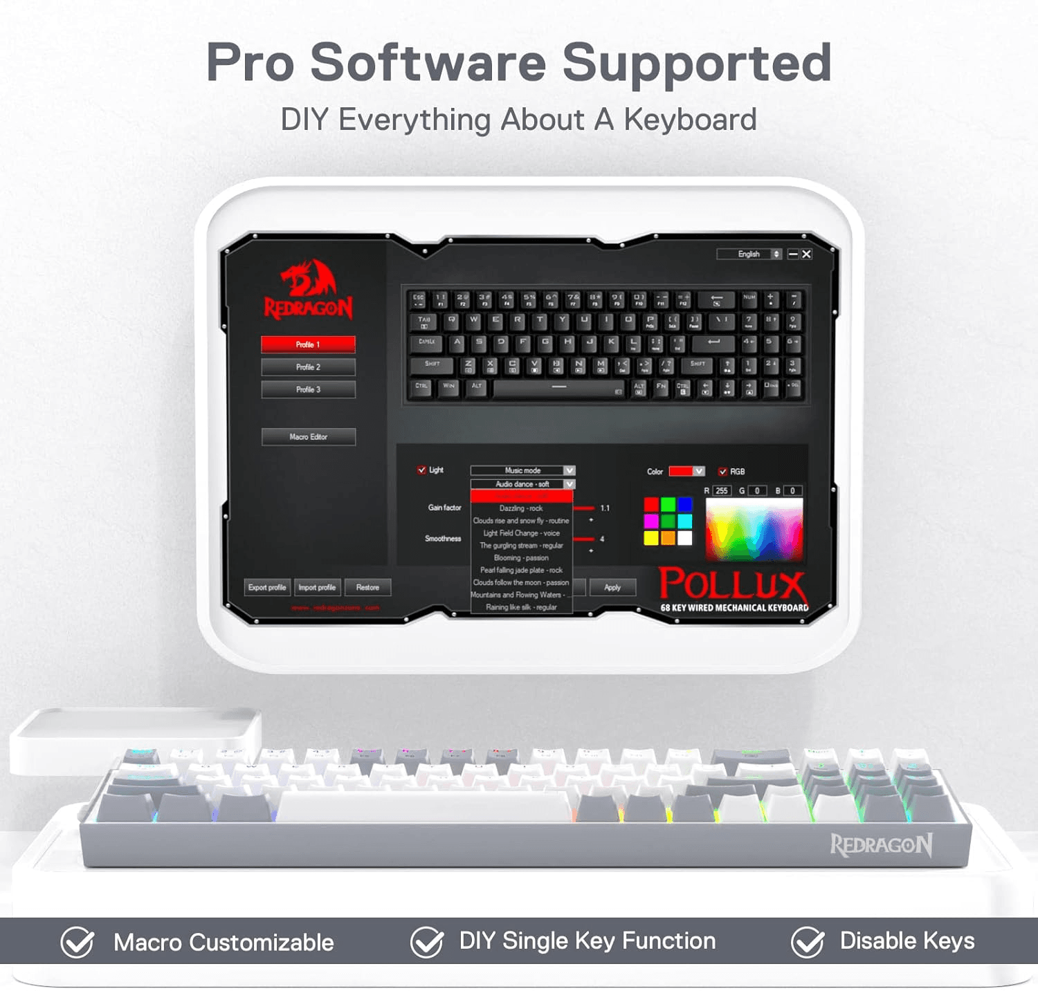 Redragon Redragon K628 Pollux 75% Wired RGB Gaming Keyboard | K628WG-RGB - product view 2 of 9